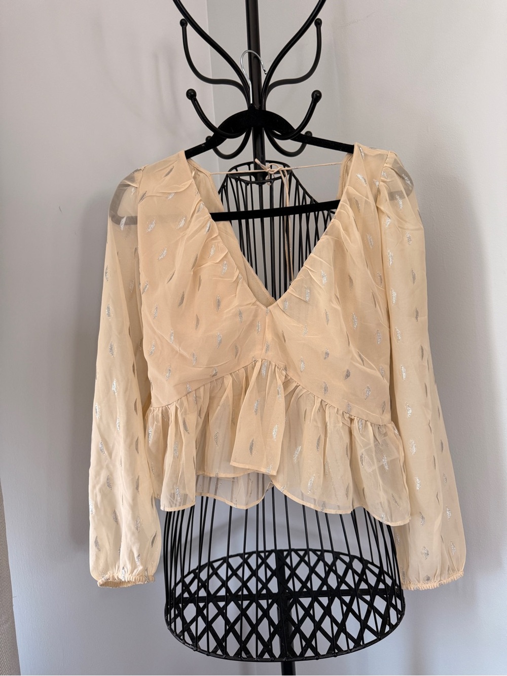 H&M Cream Peplum V-Neck Sheer Blouse with Metallic Accents